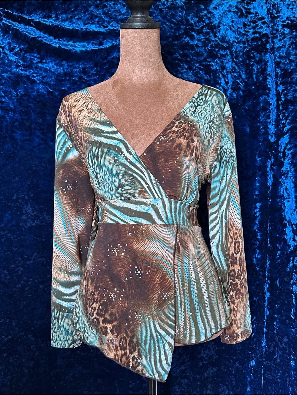 Vintage Susan Lawrence Sexy Teal and Brown Animal-Print Blouse